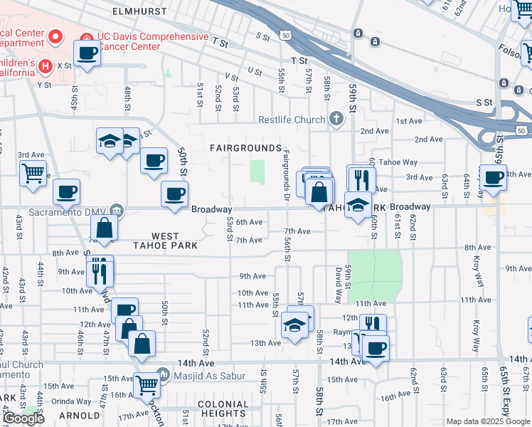 map of restaurants, bars, coffee shops, grocery stores, and more near 3000 55th Street in Sacramento