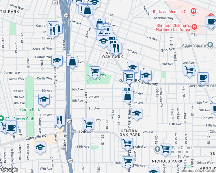map of restaurants, bars, coffee shops, grocery stores, and more near 3549 6th Avenue in Sacramento