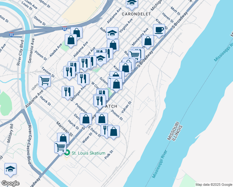 map of restaurants, bars, coffee shops, grocery stores, and more near 7610 South Broadway in St. Louis