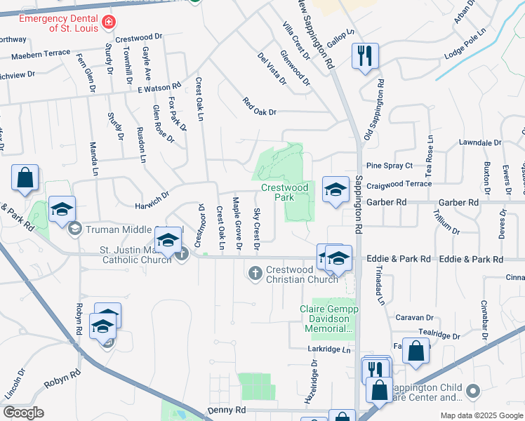 map of restaurants, bars, coffee shops, grocery stores, and more near 9011 Laurel Crest Drive in St. Louis