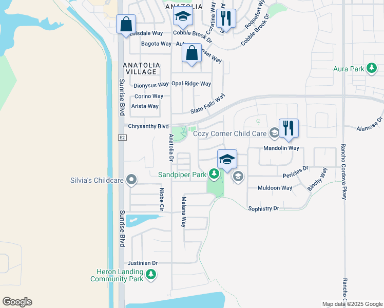 map of restaurants, bars, coffee shops, grocery stores, and more near 11828 Chrysanthy Boulevard in Rancho Cordova
