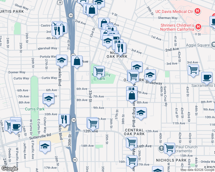 map of restaurants, bars, coffee shops, grocery stores, and more near 3549 6th Avenue in Sacramento