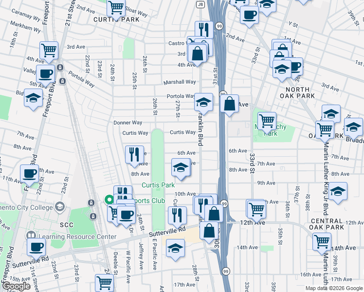 map of restaurants, bars, coffee shops, grocery stores, and more near 2709 Montgomery Way in Sacramento