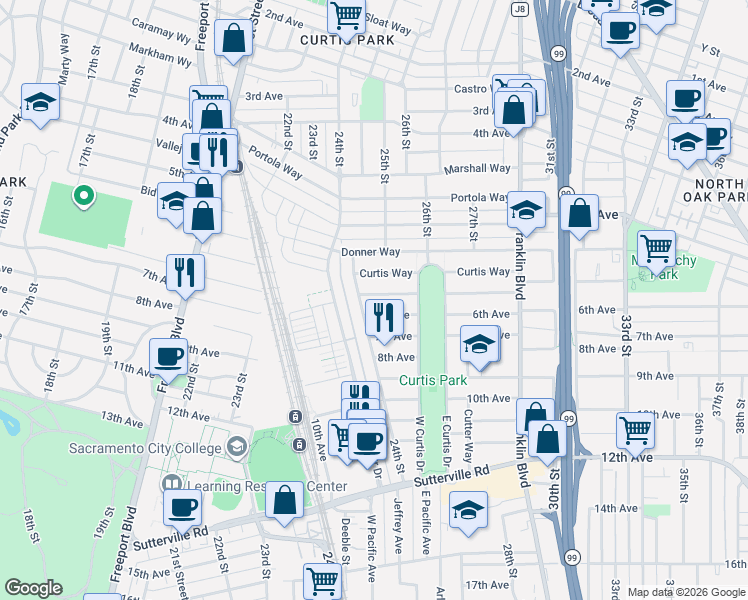 map of restaurants, bars, coffee shops, grocery stores, and more near 2433 Montgomery Way in Sacramento