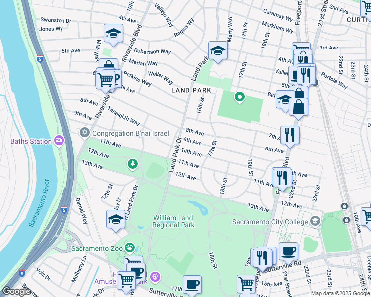 map of restaurants, bars, coffee shops, grocery stores, and more near 1601 9th Avenue in Sacramento