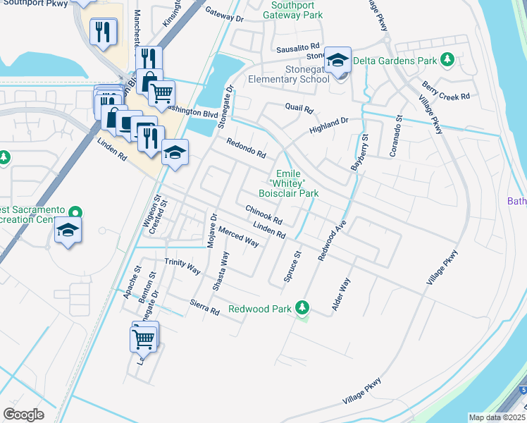 map of restaurants, bars, coffee shops, grocery stores, and more near 1720 Klamath Road in West Sacramento
