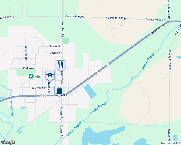 map of restaurants, bars, coffee shops, grocery stores, and more near 201 Meadowlark Drive in Albers