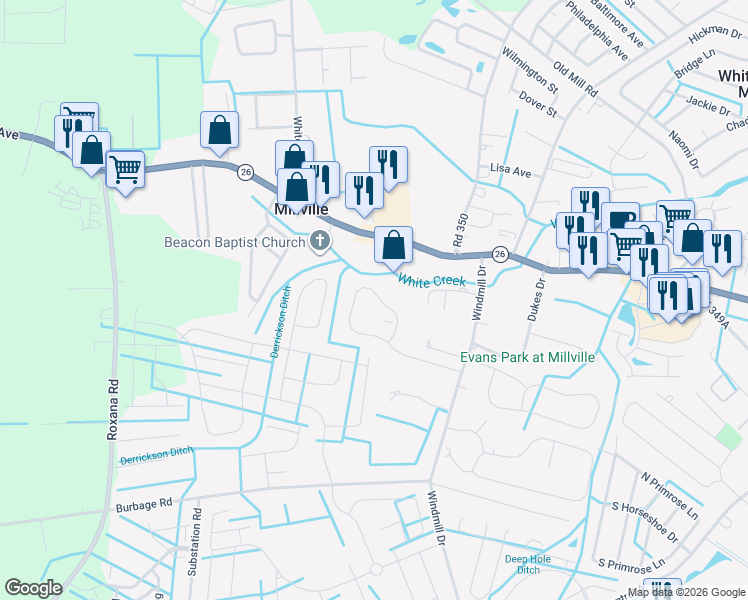 map of restaurants, bars, coffee shops, grocery stores, and more near 36408 Ridgeshore Lane in Millville