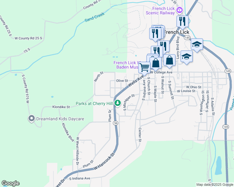 map of restaurants, bars, coffee shops, grocery stores, and more near Bennet Street in French Lick