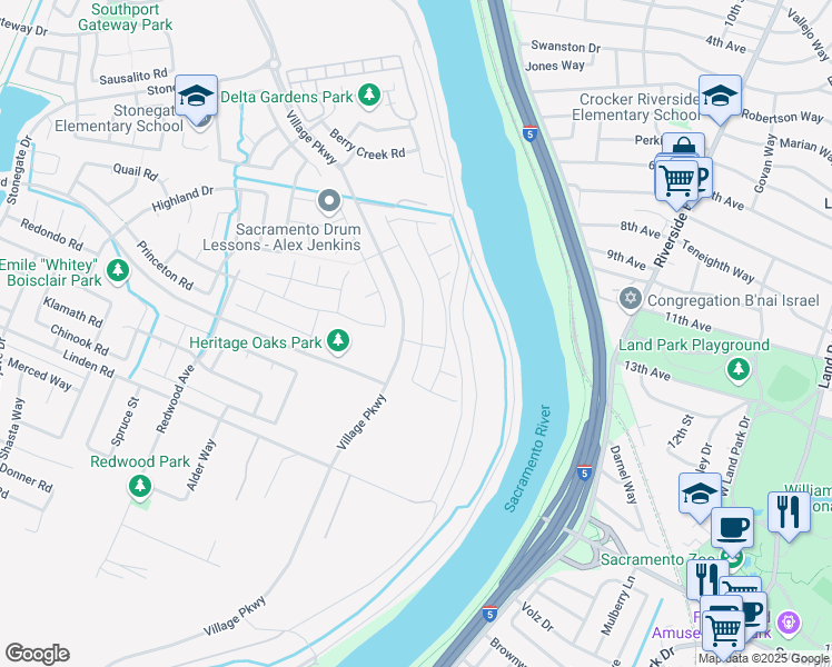 map of restaurants, bars, coffee shops, grocery stores, and more near 2806 Elderberry Street in West Sacramento