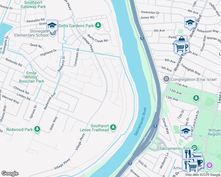 map of restaurants, bars, coffee shops, grocery stores, and more near 2806 Elderberry Street in West Sacramento