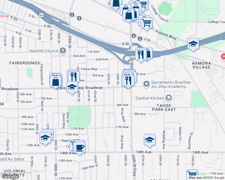 map of restaurants, bars, coffee shops, grocery stores, and more near 6390 Broadway in Sacramento