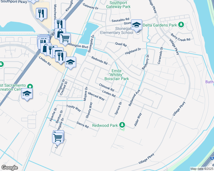 map of restaurants, bars, coffee shops, grocery stores, and more near 1720 Klamath Road in West Sacramento