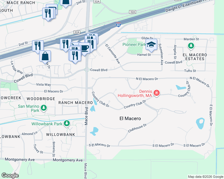 map of restaurants, bars, coffee shops, grocery stores, and more near 44204 Lakeview Drive in El Macero