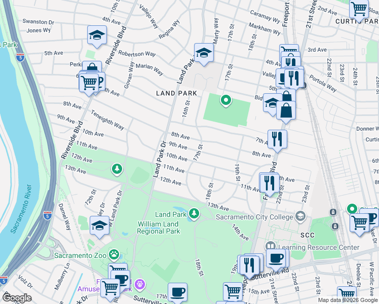 map of restaurants, bars, coffee shops, grocery stores, and more near 1680 8th Avenue in Sacramento