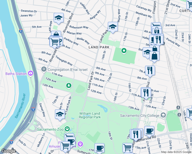 map of restaurants, bars, coffee shops, grocery stores, and more near 1601 9th Avenue in Sacramento