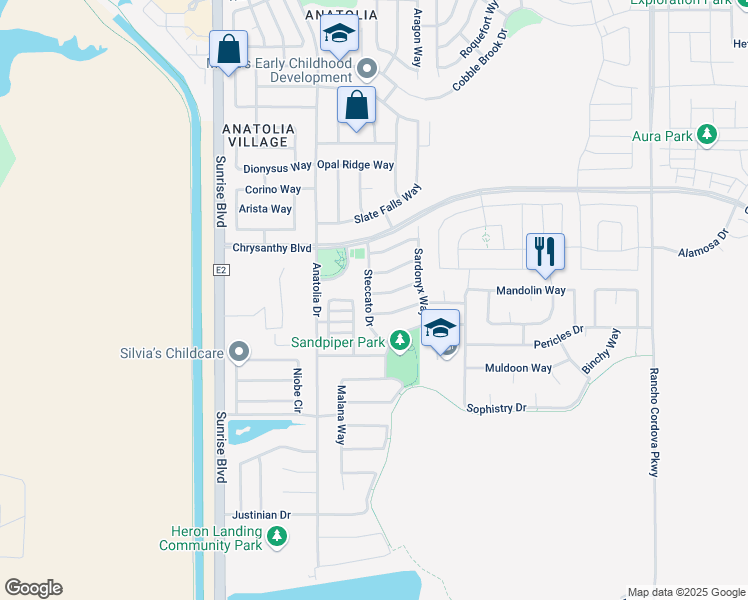 map of restaurants, bars, coffee shops, grocery stores, and more near 11855 Blue Topaz Way in Rancho Cordova