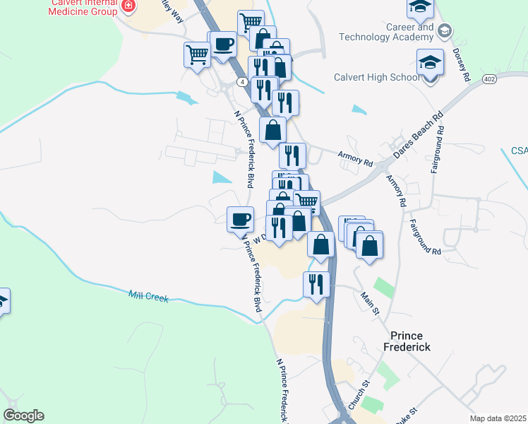 map of restaurants, bars, coffee shops, grocery stores, and more near 227 Sullivan Lane in Prince Frederick