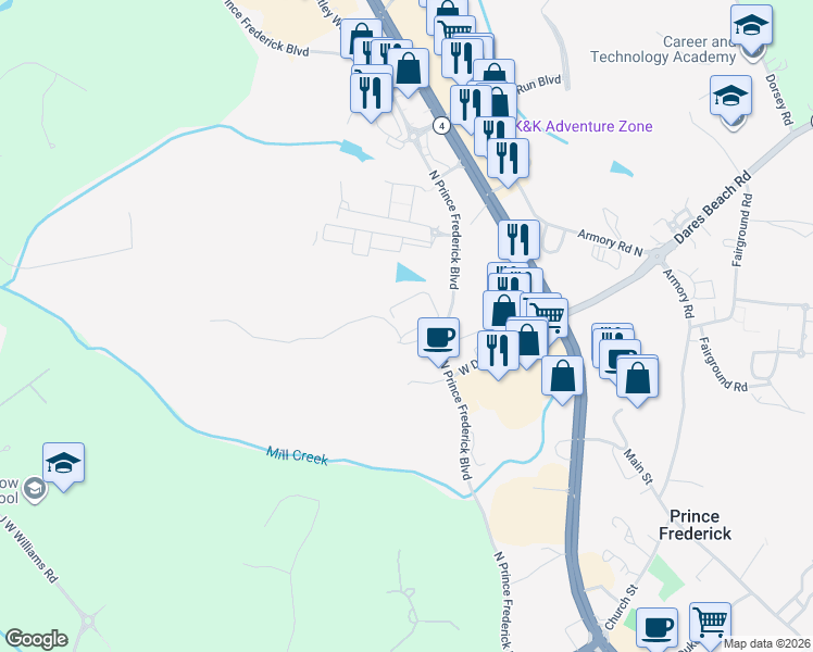 map of restaurants, bars, coffee shops, grocery stores, and more near 395 Elizabeth Drive in Prince Frederick