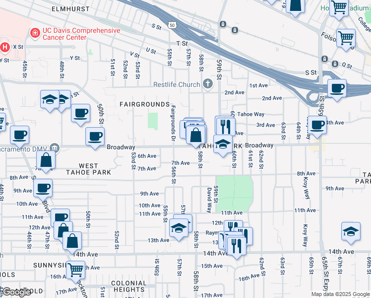 map of restaurants, bars, coffee shops, grocery stores, and more near in Sacramento