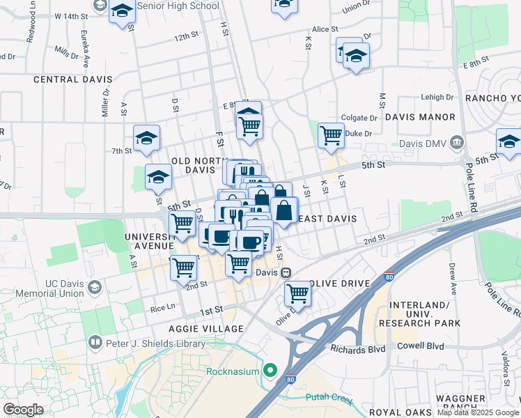 map of restaurants, bars, coffee shops, grocery stores, and more near 425 G Street in Davis