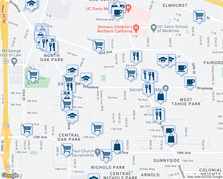 map of restaurants, bars, coffee shops, grocery stores, and more near 4177 Broadway in Sacramento