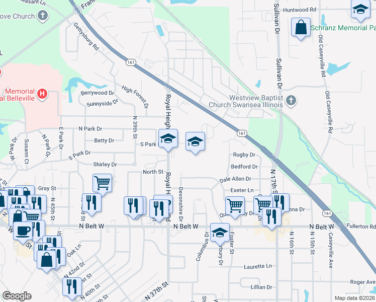 map of restaurants, bars, coffee shops, grocery stores, and more near 840 Royal Heights Road in Belleville