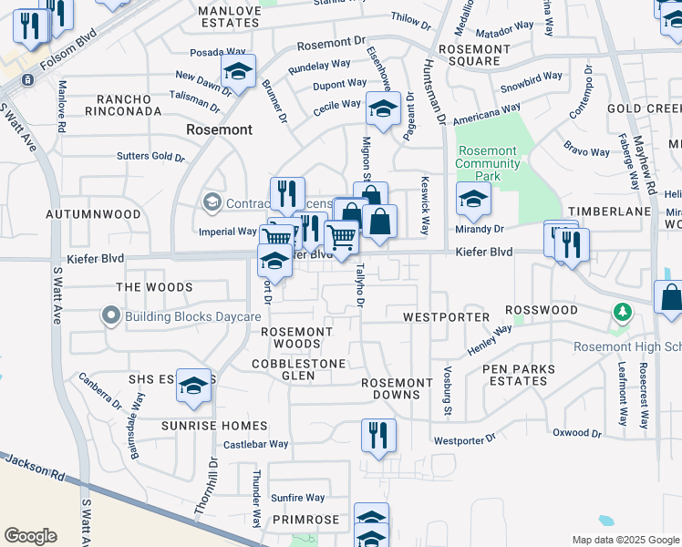 map of restaurants, bars, coffee shops, grocery stores, and more near 9176 Kiefer Boulevard in Sacramento