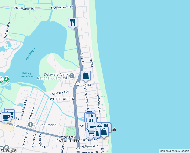 map of restaurants, bars, coffee shops, grocery stores, and more near 39892 Bennett Road in Bethany Beach