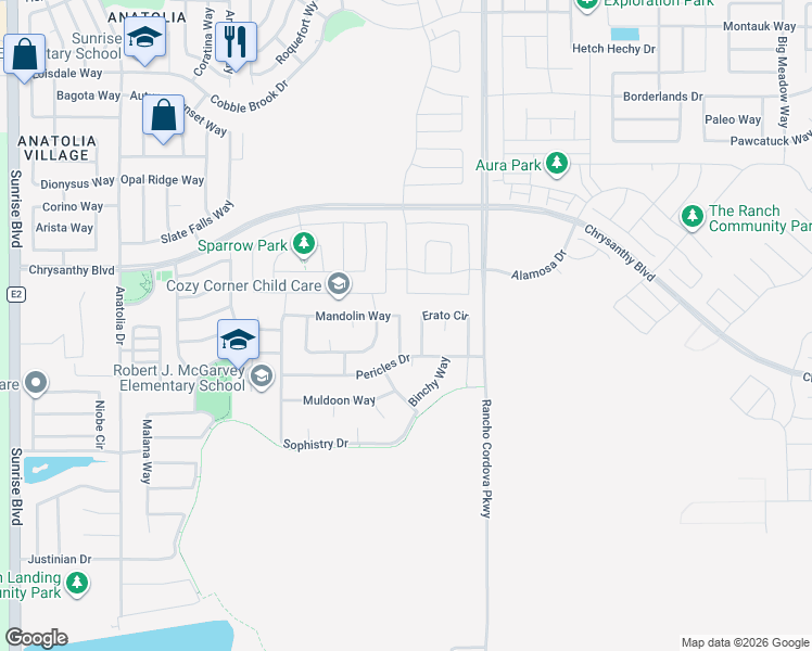 map of restaurants, bars, coffee shops, grocery stores, and more near 12019 Erato Circle in Rancho Cordova