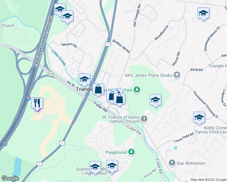map of restaurants, bars, coffee shops, grocery stores, and more near 18618 Old Triangle Road in Triangle