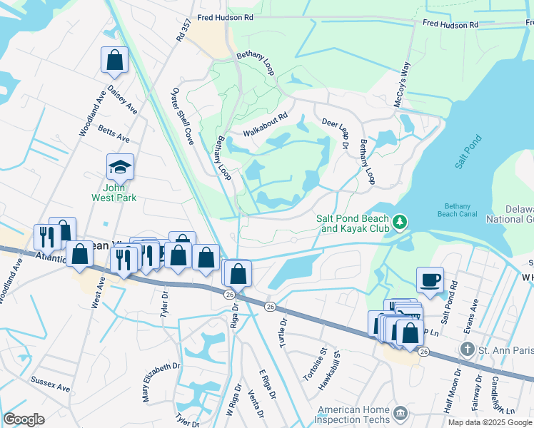 map of restaurants, bars, coffee shops, grocery stores, and more near 480 Bethany Loop in Bethany Beach