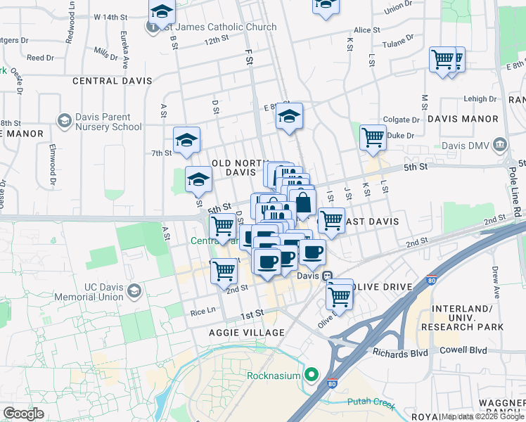 map of restaurants, bars, coffee shops, grocery stores, and more near 430 E Street in Davis