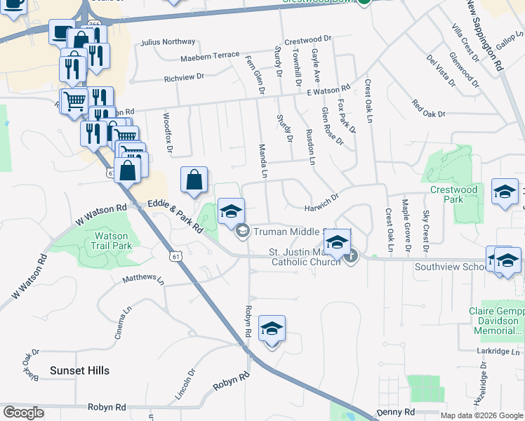 map of restaurants, bars, coffee shops, grocery stores, and more near 8929 Manda Lane in St. Louis