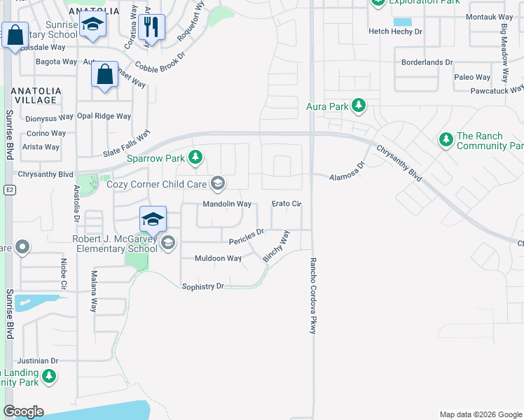 map of restaurants, bars, coffee shops, grocery stores, and more near 12019 Erato Circle in Rancho Cordova