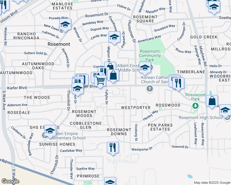 map of restaurants, bars, coffee shops, grocery stores, and more near 9216 Kiefer Boulevard in Sacramento