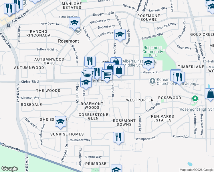 map of restaurants, bars, coffee shops, grocery stores, and more near 9176 Kiefer Boulevard in Sacramento