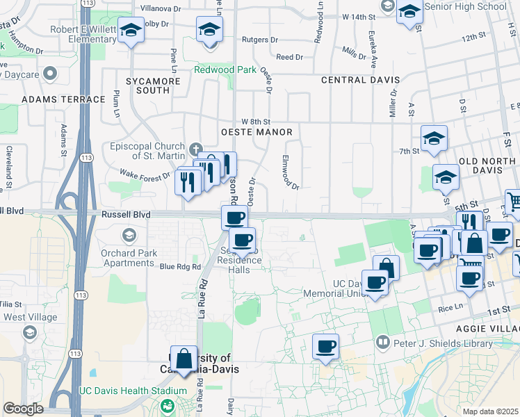 map of restaurants, bars, coffee shops, grocery stores, and more near 520 South Campus Way in Davis
