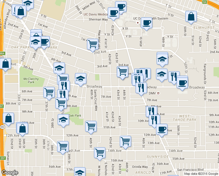 map of restaurants, bars, coffee shops, grocery stores, and more near 3008 42nd Street in Sacramento