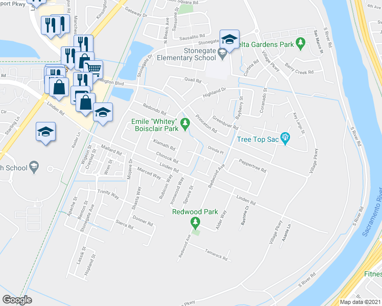 map of restaurants, bars, coffee shops, grocery stores, and more near 2711 Edgewater Court in West Sacramento