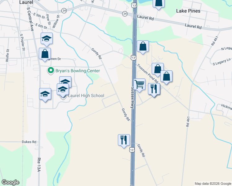 map of restaurants, bars, coffee shops, grocery stores, and more near 32053 Gordy Rd in Laurel