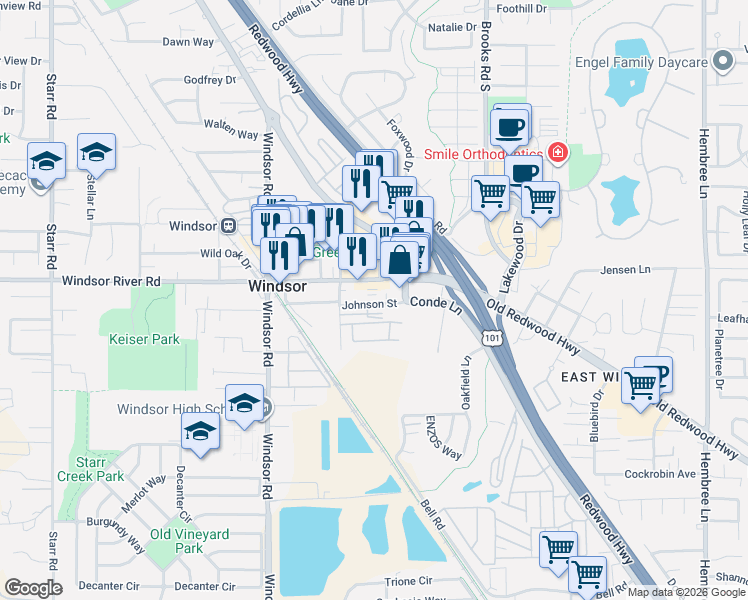 map of restaurants, bars, coffee shops, grocery stores, and more near 170 Windsor River Road in Windsor
