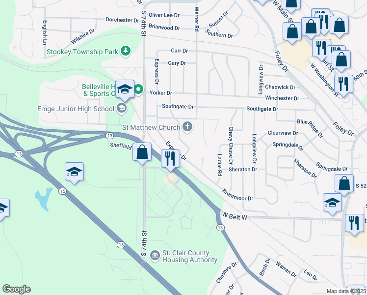 map of restaurants, bars, coffee shops, grocery stores, and more near 1221 Moreland Drive in Belleville