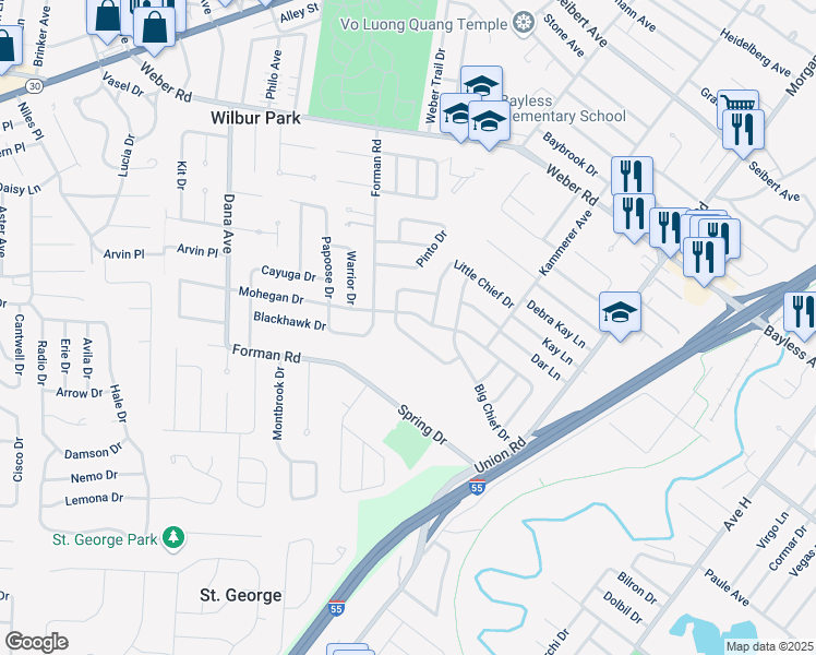 map of restaurants, bars, coffee shops, grocery stores, and more near 9049 Kickapoo Drive in St. Louis