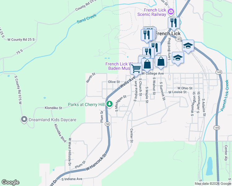map of restaurants, bars, coffee shops, grocery stores, and more near Bennet Street in French Lick