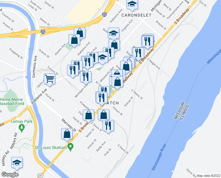 map of restaurants, bars, coffee shops, grocery stores, and more near 7700 Pennsylvania Avenue in St. Louis