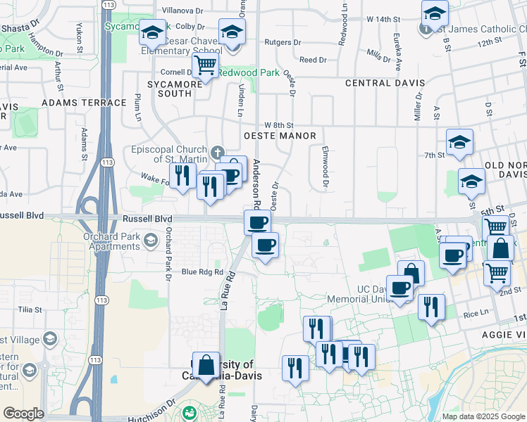 map of restaurants, bars, coffee shops, grocery stores, and more near in Davis