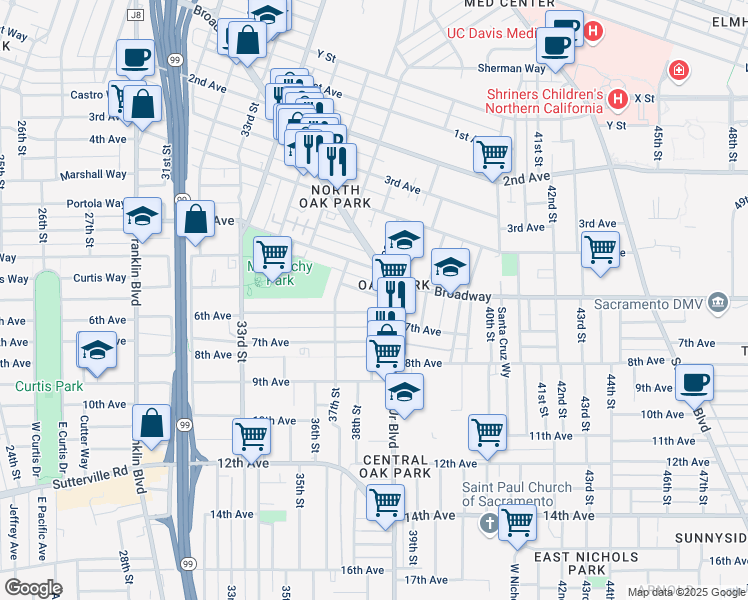 map of restaurants, bars, coffee shops, grocery stores, and more near 3800 Bigler Way in Sacramento