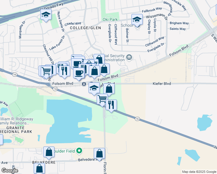 map of restaurants, bars, coffee shops, grocery stores, and more near 8500 Kiefer Boulevard in Sacramento