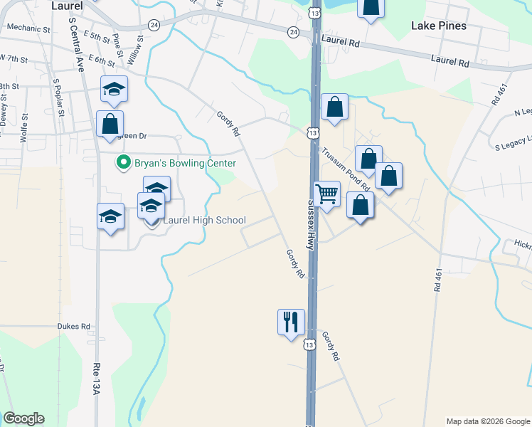 map of restaurants, bars, coffee shops, grocery stores, and more near 32001-32053 Gordy Rd in Laurel